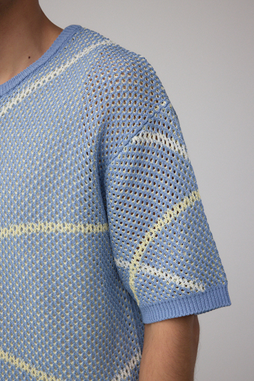 ライン柄クルーネック半袖ニット 詳細画像