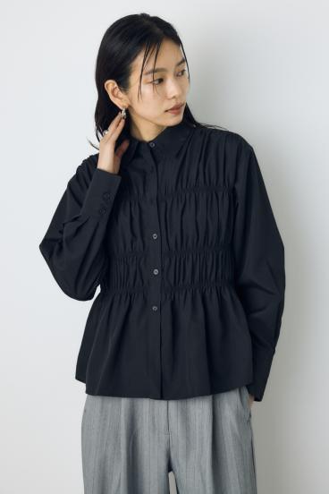 シャーリングデザイン長袖シャツ