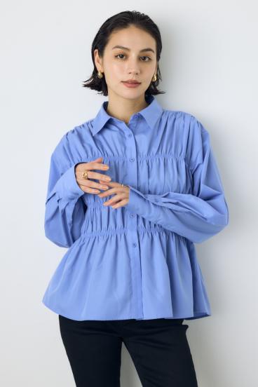 シャーリングデザイン長袖シャツ