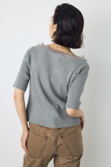 ネックレース5分袖ニットトップス 詳細画像