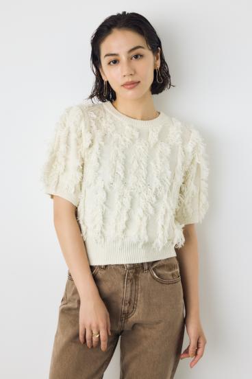 フリンジデザイン5分袖ニットトップス 詳細画像
