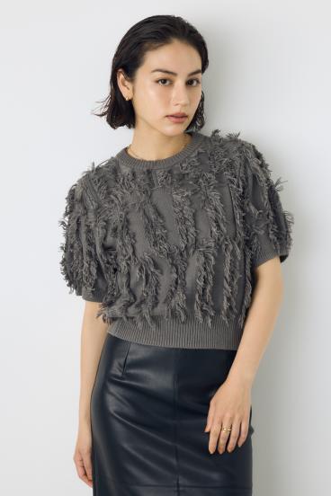 フリンジデザイン5分袖ニットトップス