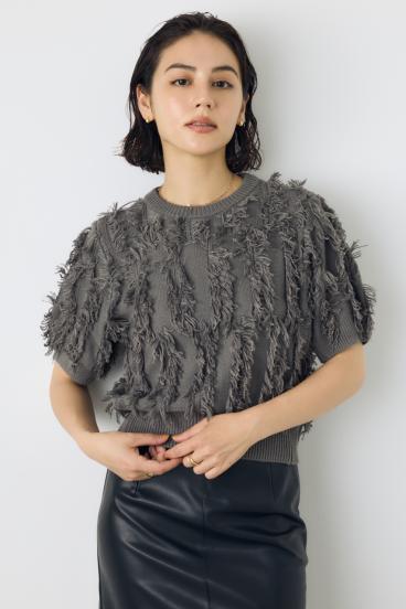 フリンジデザイン5分袖ニットトップス
