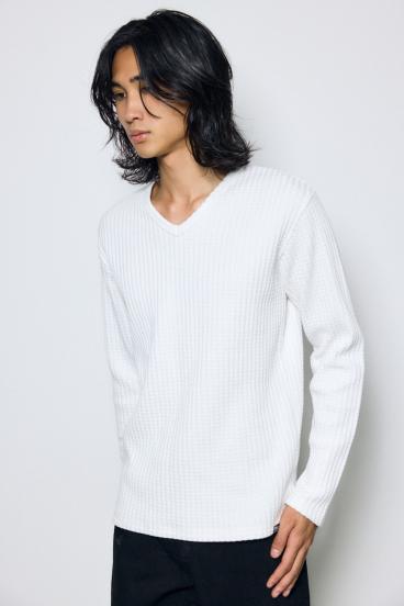 ヘビーワッフルVネックトップス