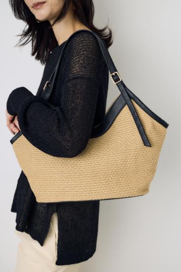 フェイクレザーパイピング雑材トートバッグ