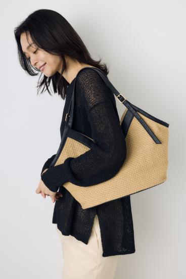 フェイクレザーパイピング雑材トートバッグ 詳細画像