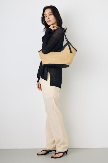 フェイクレザーパイピング雑材トートバッグ 詳細画像