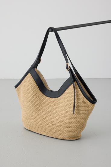 フェイクレザーパイピング雑材トートバッグ 詳細画像