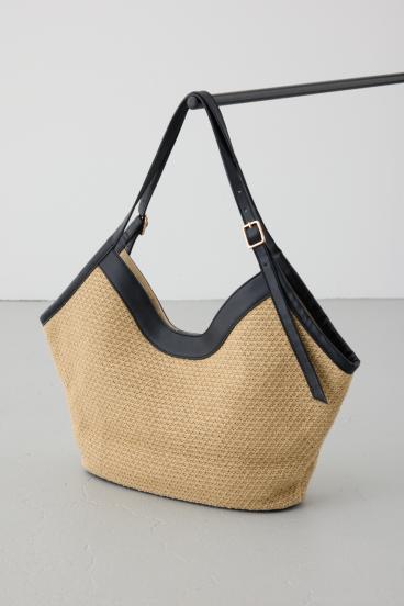 フェイクレザーパイピング雑材トートバッグ 詳細画像