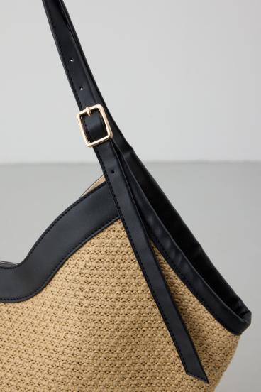 フェイクレザーパイピング雑材トートバッグ 詳細画像