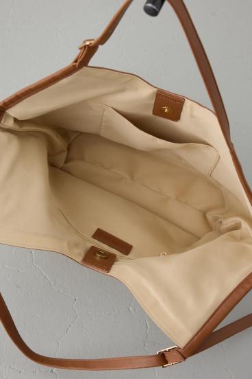 フェイクレザーパイピング雑材トートバッグ 詳細画像