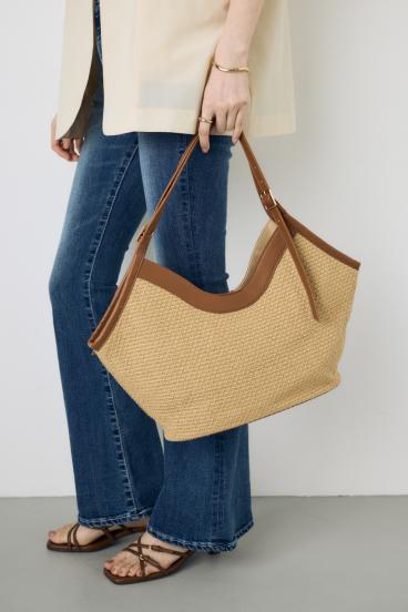 フェイクレザーパイピング雑材トートバッグ 詳細画像