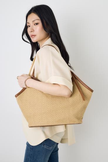 フェイクレザーパイピング雑材トートバッグ 詳細画像