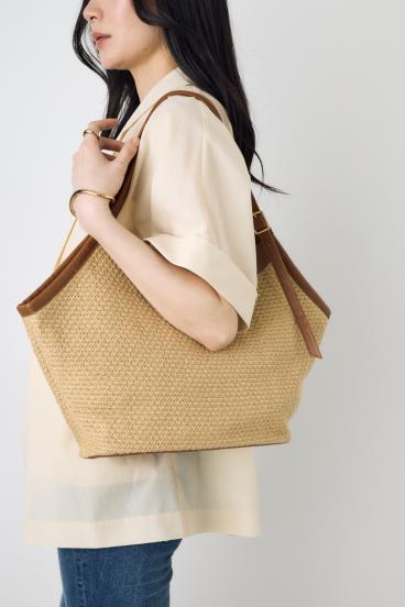 フェイクレザーパイピング雑材トートバッグ 詳細画像