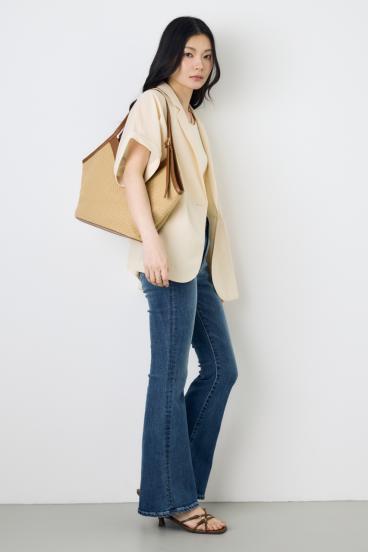 フェイクレザーパイピング雑材トートバッグ 詳細画像