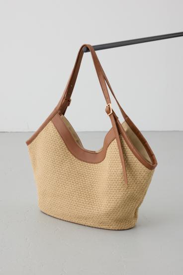 フェイクレザーパイピング雑材トートバッグ 詳細画像