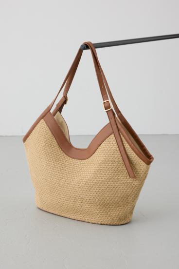 フェイクレザーパイピング雑材トートバッグ 詳細画像