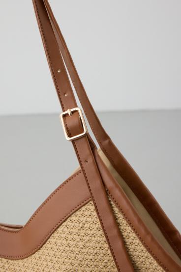 フェイクレザーパイピング雑材トートバッグ 詳細画像