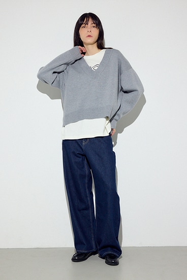 スウェットライクVネックニット 詳細画像