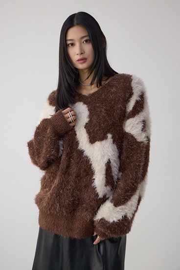 ニュアンスカウ柄Vネックニットトップス 詳細画像