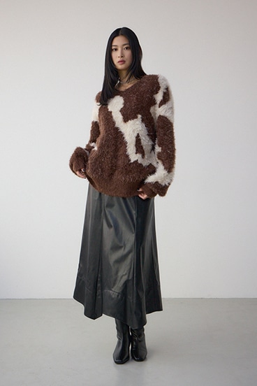 ニュアンスカウ柄Vネックニットトップス 詳細画像