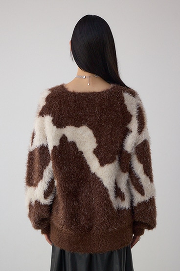 ニュアンスカウ柄Vネックニットトップス 詳細画像