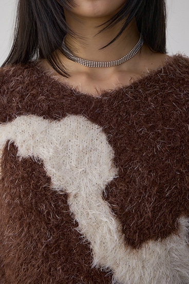 ニュアンスカウ柄Vネックニットトップス 詳細画像