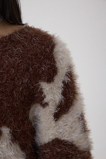 ニュアンスカウ柄Vネックニットトップス 詳細画像