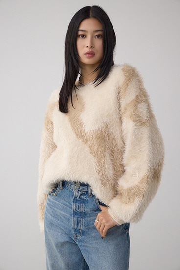 ニュアンスカウ柄Vネックニットトップス 詳細画像