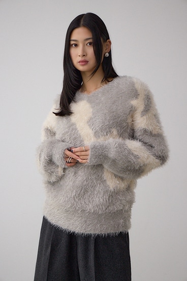 ニュアンスカウ柄Vネックニットトップス 詳細画像