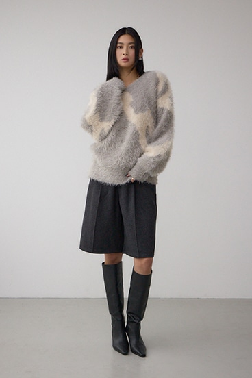 ニュアンスカウ柄Vネックニットトップス 詳細画像