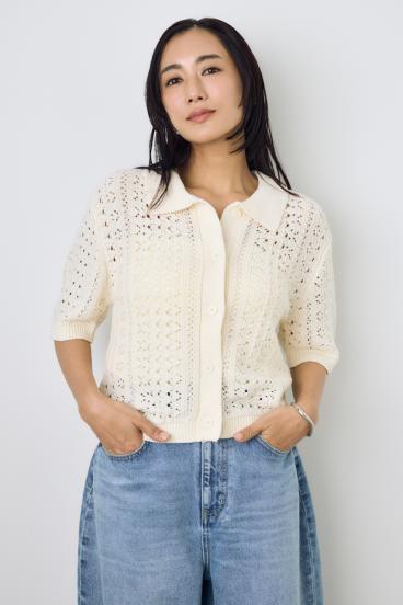 クロシェニットポロカラーカーディガン