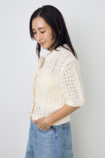 クロシェニットポロカラーカーディガン 詳細画像