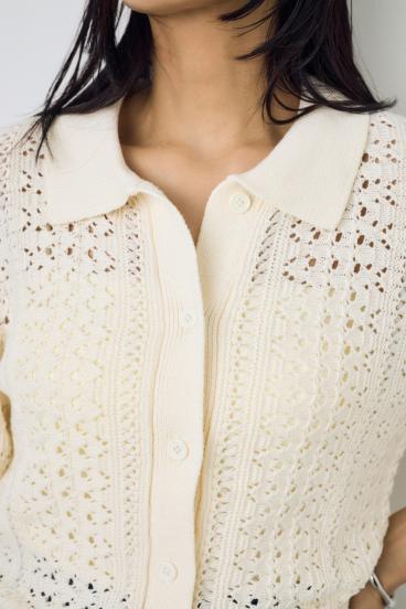 クロシェニットポロカラーカーディガン 詳細画像