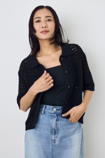 クロシェニットポロカラーカーディガン