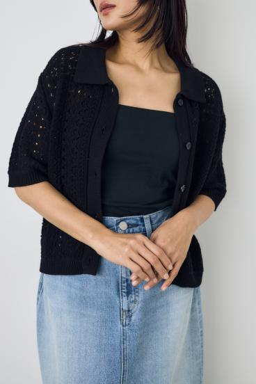 クロシェニットポロカラーカーディガン 詳細画像