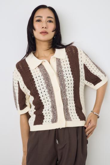 クロシェニットポロカラーカーディガン