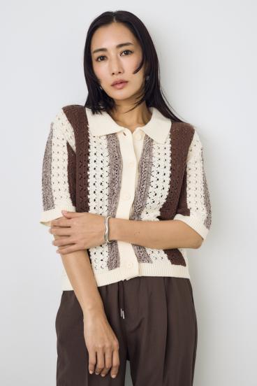 クロシェニットポロカラーカーディガン 詳細画像