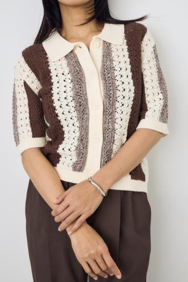 クロシェニットポロカラーカーディガン 詳細画像