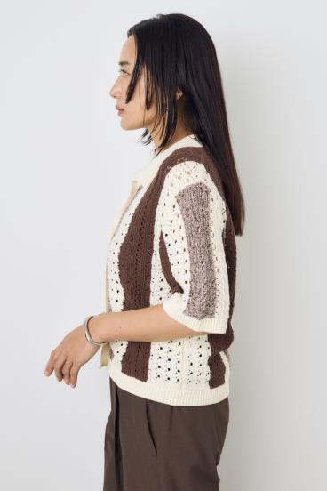 クロシェニットポロカラーカーディガン 詳細画像