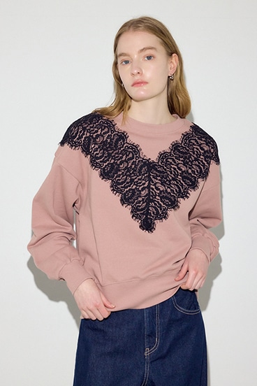 バイカラーレースクルーネックスウェット