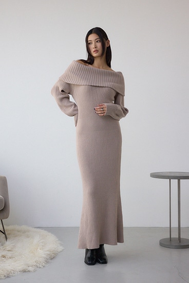 オフショルロングニットワンピース 詳細画像