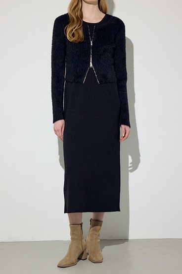 Wジップシャギーカーデセットニットワンピース
