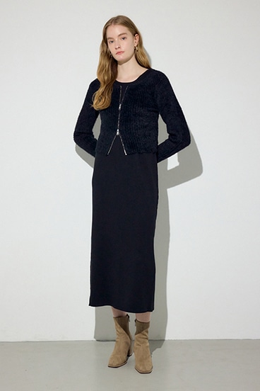 Wジップシャギーカーデセットニットワンピース