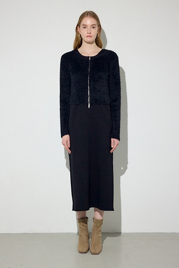 Wジップシャギーカーデセットニットワンピース 詳細画像