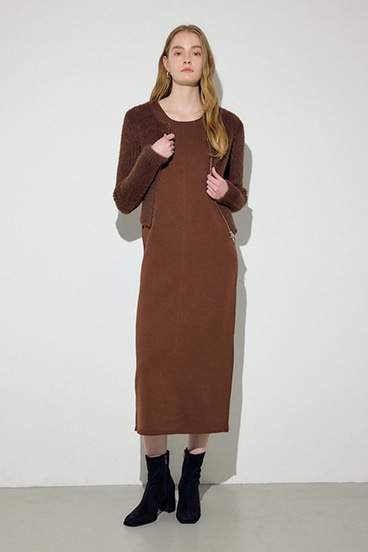 Wジップシャギーカーデセットニットワンピース