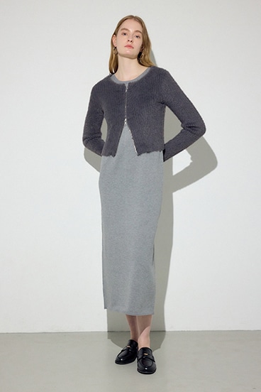 Wジップシャギーカーデセットニットワンピース