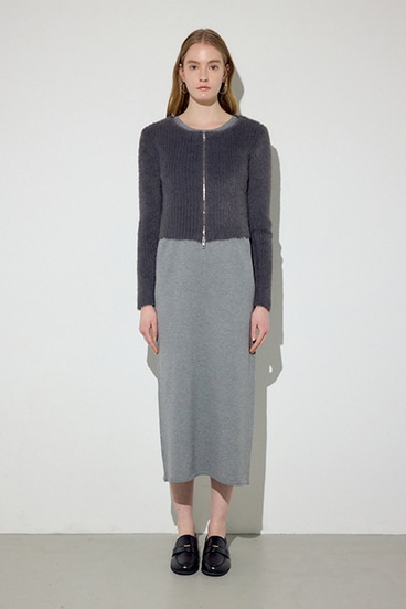 Wジップシャギーカーデセットニットワンピース 詳細画像