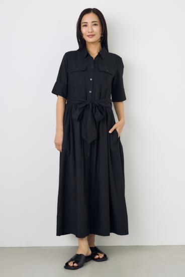 リネンベルテッドフレアボタンワンピース