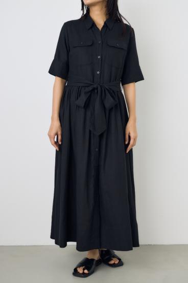 リネンベルテッドフレアボタンワンピース